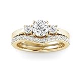 Near 1.00 Carat Diamond 14k Gold Engagement Ring Set For Women 3 Stone Bridal Ring Set 0.33cts Solitaire Round Diamond Pave Set Anniversary Wedding Bands (Color HI/Clarity I1-2) (yellow gold)