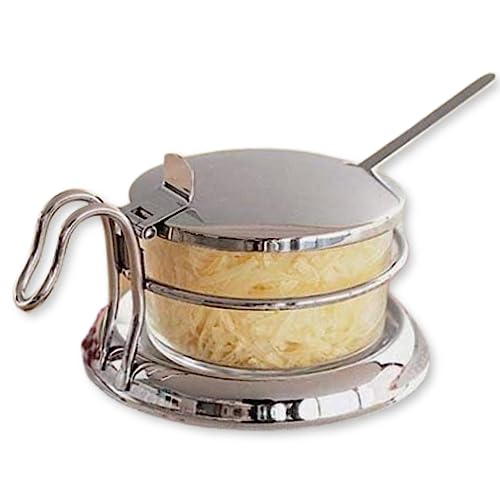 TableCraft 357 Condiment Jar Set with Spoon, 6 oz Clear Glass Jar with 18-8 Stainless Steel Lid, Spoon and Holder, Polished Tabletop Dispenser for Home or Restaurant Use