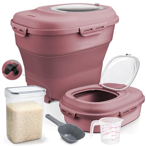 Komzon Rice Storage Bin Cereal Containers, 13-50lb Collapsible Rice Container Dispenser with Transparent Lid, Rolling Wheels, Measuring Cup and Scoop, Airtight Dog Cat Pet Food Storage Container Pink