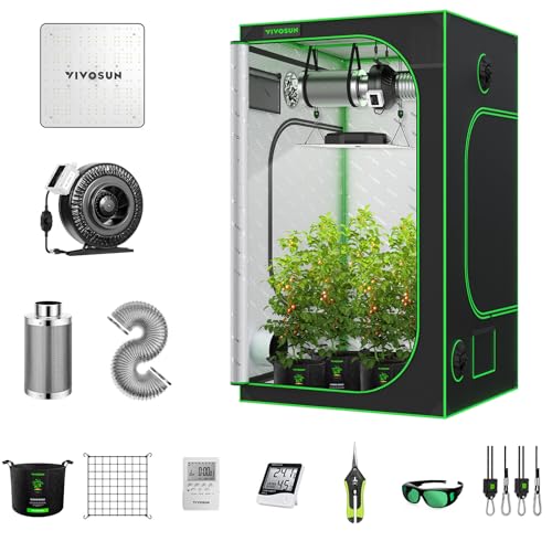 VIVOSUN GIY 4x4 Grow Tent Kit Complete, 4x4 Ft. Grow Tent Complete System with VS1000 Led Grow Light 6 Inch 440CFM Inline Fan Carbon Filter and 8ft Ducting Combo, 48"x48"x80"