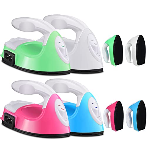 Zhehao 4 Pcs Mini Craft Iron Portable Handy Small Heat Transfer Machine with Charging Base Accessories for DIY Clothes Beads Patch Bag Hat Vinyl Projects(Rose Red, Green, Blue, White)