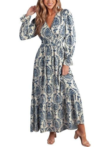 CUPSHE Maxi Dresses for Women V Neck Ruffled Long Sleeve Paisley Smocked Waist A Line Casual Fall Dress Navy Paisley, M