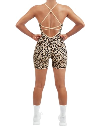SUUKSESS Women Strappy Romper Workout Yoga Seamless One Piece Jumpsuit Tummy Control Padded Sports Bra (Cheetah Print, M)