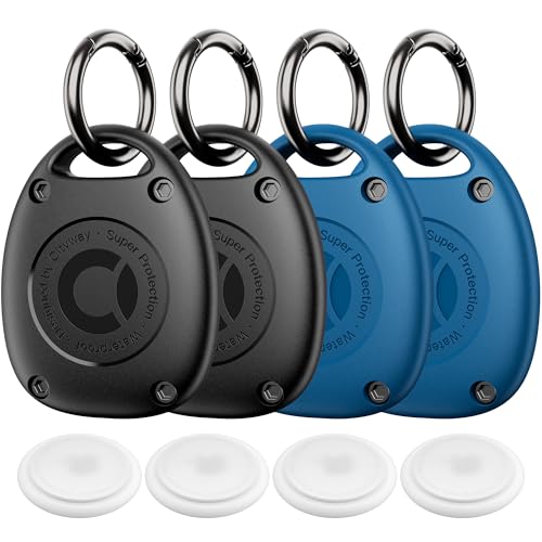 (4 Pack) for AirTag Keychain Holder Case | IPX8 Waterproof, Ultra-Compact | Portable Air Tag Holder Cover for Backpack, Keys, Luggage - 2 Black/2 Blue