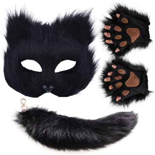 Valpeak Therian Mask and Tail Set for Girls Halloween Cat Mask Tail Cosplay Fox Mask Wolf Tail Over 1 Years Old(Black Mask Set of 3)