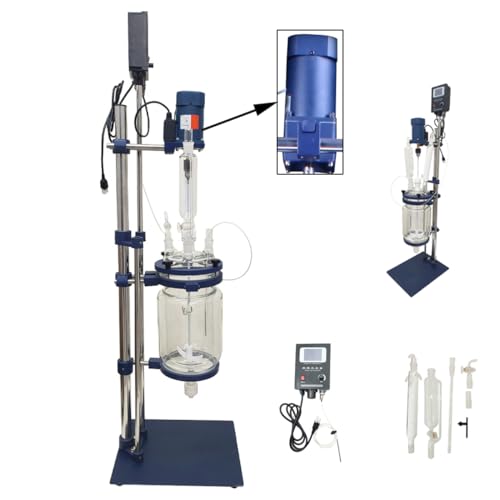 EQCOTWEA 110V 5L Jacketed Glass Reactor, Lab Chemical Double-Layer Glass Reactor Vessel, Reaction Kettle, -0.098Mpa Vacuum,0-600RPM Stirring, 304 Stainless Steel & PTFE, for Extraction/Distillation