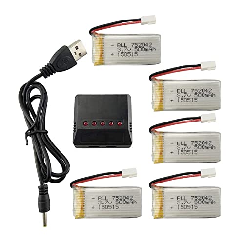 5PCS 3.7V 500mAh 25C Li Battery with 5 in 1 Charger for JJRC H31 H37 H6D Hubsan X4 FPV H107C H107D H107L H107P H108 JXD392 JXD388 JXD385 UDI U816A SYMA X5C X5SW HS170 HS170C TR-C385 TR-P51 Drone