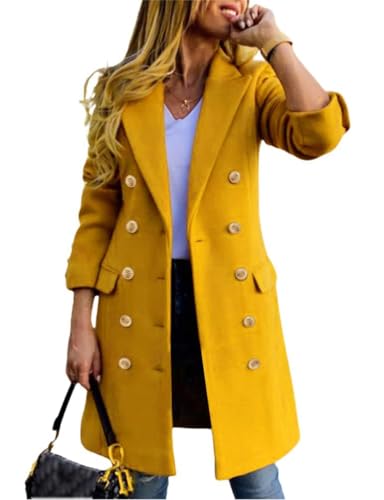 IDEALSANXUN Blazers for Women Business Casual Outfits Fall Winter Long Wool Tweed Jacket 2025 Office Work Clothes Blazer Dress, Yellow, L