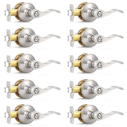 Probrico Privacy Door Levers Interior Door Handles Levers, Satin Nickel Door Lever for Bedroom Bathroom Wave Style Door Lever Left Right Handed Door Handles, 10 Pack