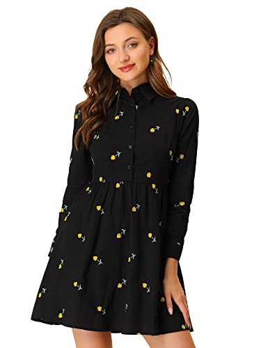 Allegra K Women's Casual Shirt Dress Long Sleeve Half Placket Embroidered Floral Mini Dresses X-Large Black