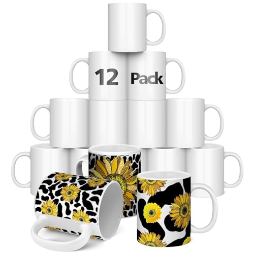 Dmsky Sublimation Mugs 11 OZ Blank Bulk Coffee Mug White Ceramic Photo Cups Tazas Para Sublimation Cup 12 pack With Box, Heat Tape, sublimation paper Ideal for Crafts and Printing