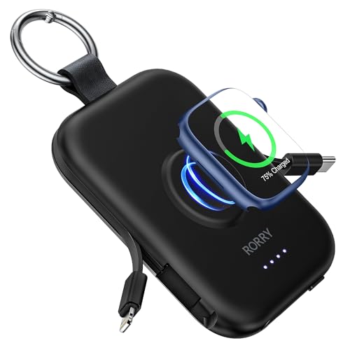 RORRY Portable Charger, 5000mAh Portable Charger Power Bank with Built-in Cables, Travel Keychain Battery Pack for Apple Watch Ultra 2/10/9/8/Ultra/7/6/SE/5, iPhone 16/15/14/13/12, Black