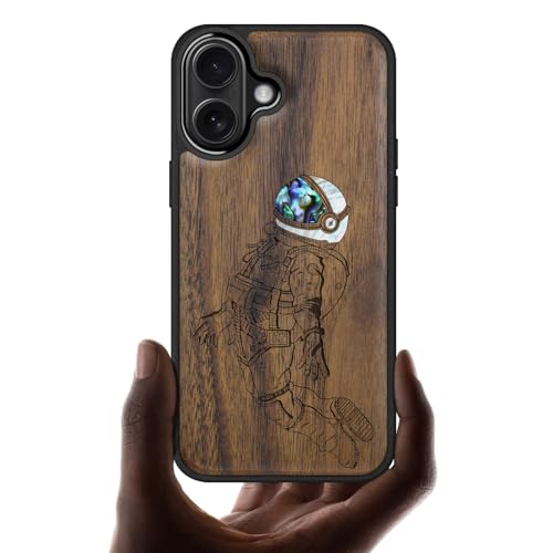 Carveit Magnetic Wooden Case for iPhone 16 Case, Wood Artisan Engraved & Handmade Shell Inlaid, TPU Shockproof Cover, Compatible with MagSafe Wireless Chargers (Floating Astronaut) Walnut