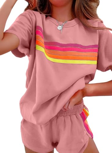 SHEWIN Two 2 Piece Sets for Women Summer Casual Short Sleeve Pullover Tops Matching Shorts Trendy Loose Lounge Set Womens Clothing Pink XX-Large