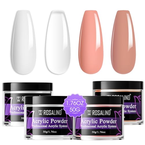 ROSALIND Acrylic Powder Set, 4 * 1.76oz Clear Nude Acrylic Nail Powder White Pink Acrylic Powder Polymer Nude Nail Powder Acrylic Nail Colors Set for Nail Acrylic Extension No Nail Lamp Need