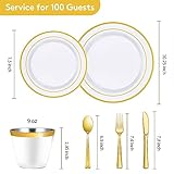 Goodluck 600 Pieces Gold Disposable Plates for 100 Guests, Plastic Plates for Party, Dinnerware Set of 100 Dinner Plates, 100 Salad Plates, 100 Spoons, 100 Forks, 100 Knives, 100 Cups