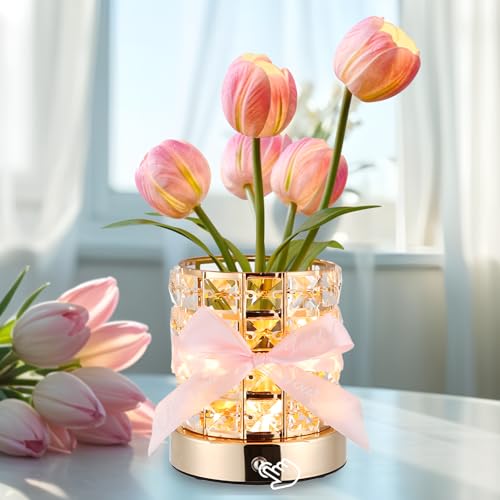 Mother's Day Gifts for Her, Birthday Gifts for Women,LED Tulip Cordless Night Light Dimmable Crystal Base with USB Charge, Small Night Light Home Decor,Unique Mother Wife Girlfriend Birthday Gift Idea