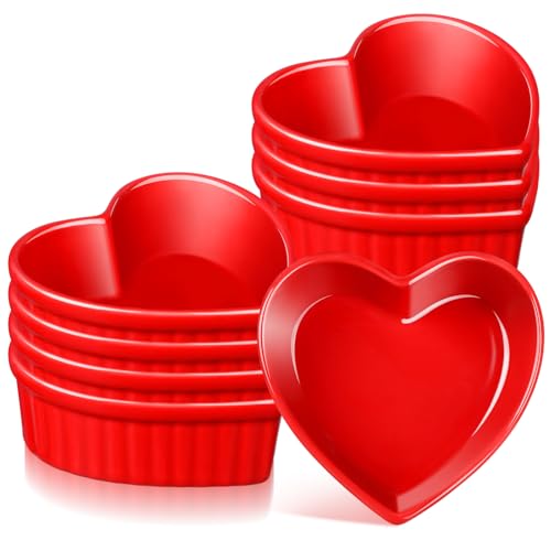 Reallnaive 8 Pcs Heart Shaped Ramekin Creme Brulee Ramekins Oven Safe 3.54 x 3.54 x 1.57 Inch Heart Shaped Bowl Small Baking Ceramic Ramekins Dishes for Souffle Snacks Quiche Appetizers Sauces (Red)