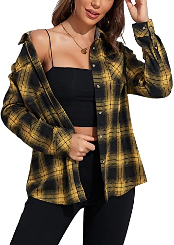 KevaMolly Plaid Long Sleeve Flannel Shirts for Women Loose Fit Boyfriend Button Down Shirt Casual Flannel Blouse Tops Black Yellow L