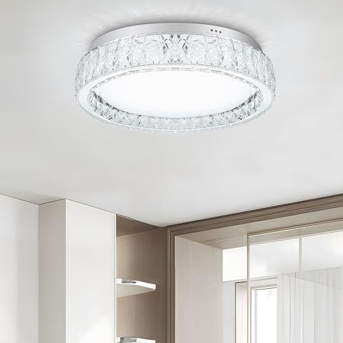 Krychiler Crystal Fixture Chandelier LED Flush Mount Light, 17.7 inch Modern Ceiling Light Fixture Dimmable Crystal Led Ceiling Lamp Bathroom Light Chandelier for Kitchen, Living Room