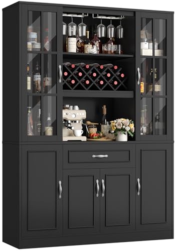 HIFIT 74" Kitchen Pantry Cabinet, Large Kitchen Hutch Storage Cabinet with Glass Door & Shelves, Wine & Glass Display Station, Tall Modern China Coffee Bar with Hutch for Home Dining Living Room,Black