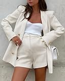 Cicy Bell Womens 2 Piece Tweed Blazer Shorts Sets Long Sleeve Double Breasted Suit Jackets Business Outfit Beige