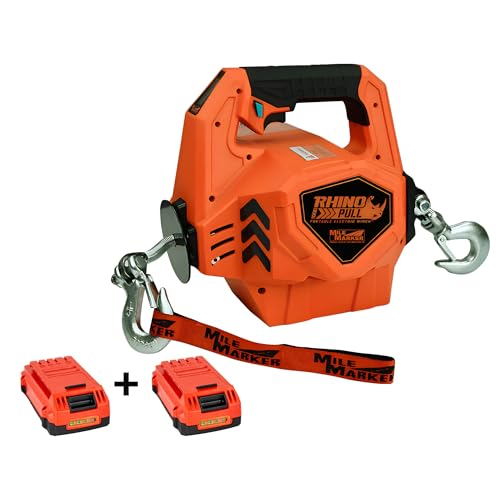 Mile Marker Rhino Pull 1000-24V Portable Electric Winch Battery Powered Winch 1/2 Ton (1000 lb) Electric Hoist Wire and Wireless Remote - Includes 2 Batteries (1 Bonus) and Accessories