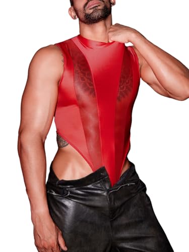 EHSUYAB Mens Sexy Lingerie, Hook Crotch Thong High Cut Bodysuit Top Rave Outfit, Glossy Mock Neck Sheer Singlet Muscle Suit Red X-Small-Small