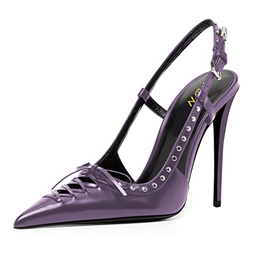 YDN Women Pointed Toe Self Tie Bow Pumps Rivet Studded Stiletto High Heel Slingbacks Hollow Cut Party Club Shoes Size 9.5 Purple