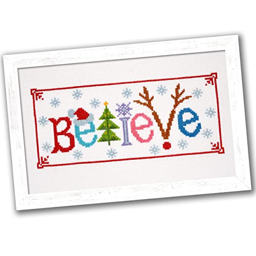 Counted Cross Stitch Kit 'Believe' - Embroidery Set for The Holidays, Encouragement, or Inspiring Everyday Possibilities with a Christmas Tree, Snowflake, Deer and Santa Hat