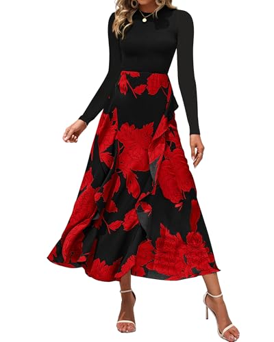 BTFBM Womens Floral Maxi Dress 2025 Spring Fall Casual Crewneck Long Sleeve Ruffle Flowy Cocktail Wedding Guest Dresses(Big Floral Red, X-Large)