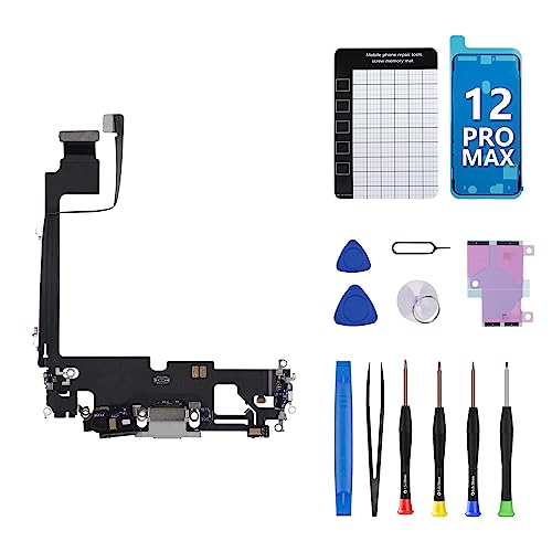 CYKJGS for iPhone 12 Pro Max Charging Port Flex Cable Dock Connector Replacement OEM White USB Charge Headphone Jack Port Assembly Microphone Antanna with Repair Tools Kit A2342 A2410 A2412 A2411