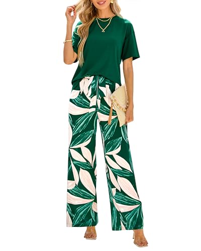 PRETTYGARDEN Women Summer 2 Piece Outfits 2025 Short Sleeve Knit Top Floral Print Belted Wide Leg Pant Sets With Pockets(Dark Green Floral,Large)