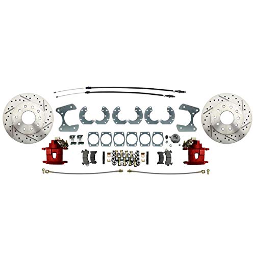 Universal 9” Rear-End Disc Brake Conversion Kit, Red Calipers, Drilled/Slotted Rotors, Fits Ford Pre-1980 Models, Includes E-Brake, Stainless Hoses, Dual Bolt Pattern, Detailed Installation Guide