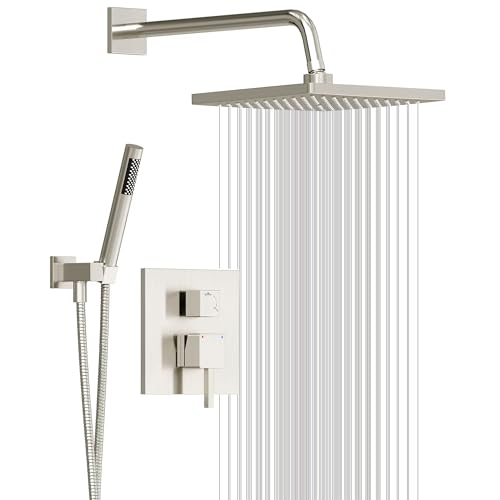 Esnbia Shower System, Shower Faucet Set with Shower Valve, 10 Inches Shower Heads with Handheld Spray Combo, Wall Mounted Shower Fixtures, High Pressure Shower Hardware Set, Brushed Nickel