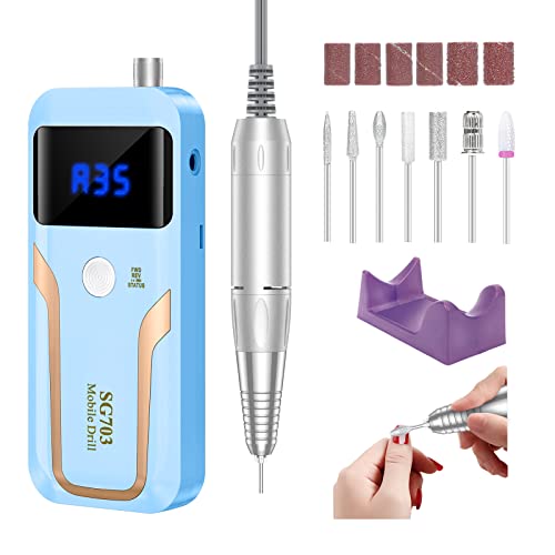 MOCOWIND Portable Nail Drill Professional, 35000 RPM Rechargeable Electric Nail File Machine E File for Acrylic Nails Gel Polishing Removing, Cordless E-file with Bits Kit for Manicure Salon Home,Blue