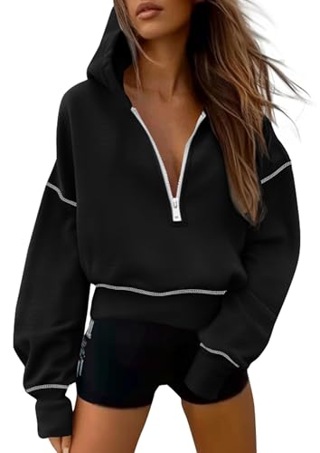 PRETTYGARDEN Women's Hooded Sweatshirts Long Sleeve Half Zip Cropped Hoodie Pullover Winter Fashion Clothes (Black,Large)