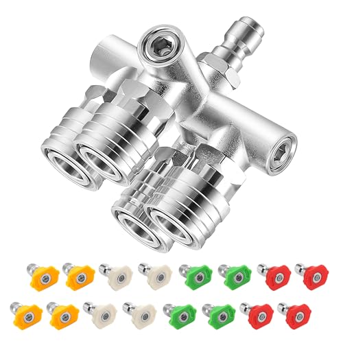 EZALOR Quadruple Pressure Washer Tips, 4 in 1 Power Washer Nozzle, 4 Nozzle for Pressure Washing with 16PCS Power Washer Spray Nozzles (0, 15, 25, 40 Degree), 1/4 Inch Quick Connect, 5000 PSI