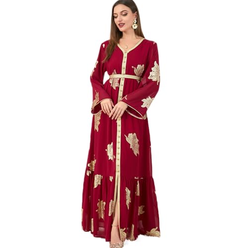 Wine Red Abaya Dress for Women Muslim Dubai Eid Ramadan Dresses Long Sleeve Kaftan Dresses Moroccan Traditional Ethnic Shirts Dress Robe Wedding Party Attire Jalabiya Mubarak Outfits Red XL