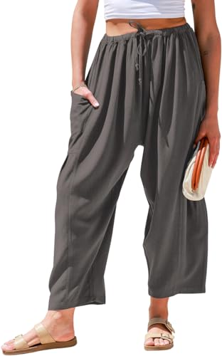 TARSE Womens Linen Wide Leg Pants Casual Loose Drawstring Low Waist Beach Palazzo Harem Pants with Pockets(Darkgray,M)