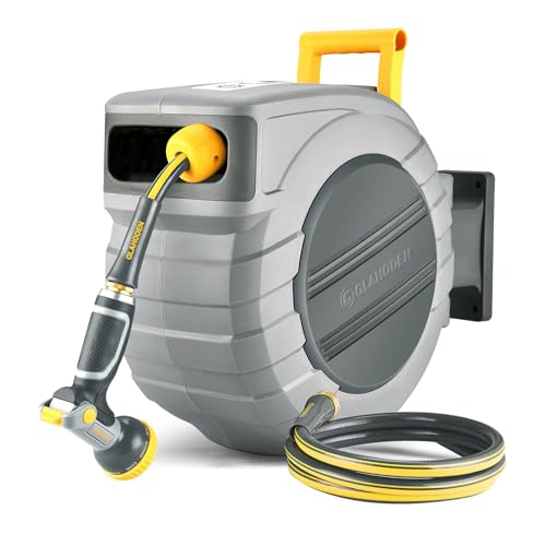 GLAHODEN Retractable Garden Hose Reel 5/8 in x 100 ft Upgraded UV Resistant Heavy Duty Automatic Hose Reel Wall Mount 3/4 in Brass Fitting 9 Pattern Nozzle Any Length Lock Slow Retraction 180° Swivel