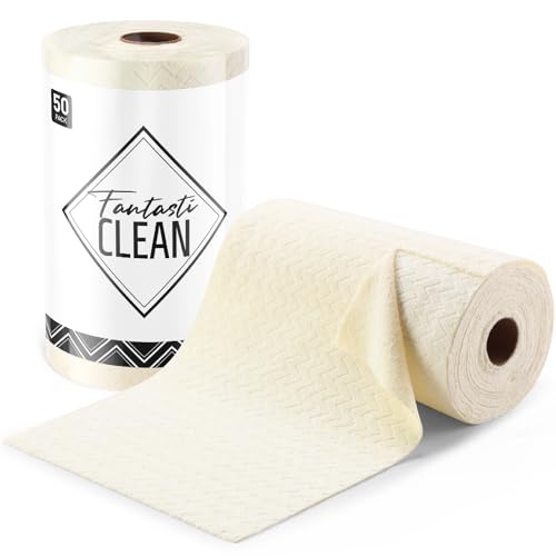 Fantasticlean Microfiber Cleaning Cloth Roll, 16" x 12"- 50 Sheets, Reusable Tear Away Microfiber Towels, Ultra Absorbent Dish Rags for Car, Home or Office (Beige Ripple)