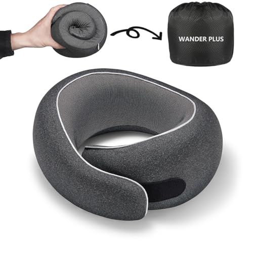 WANDER PLUS® Travel Pillow, 100% Pure Memory Foam Travel Neck Pillow Airplane Neck Support Ergonomic Design Best for Sleeping Plane Car Train Office Flight for Adults Black