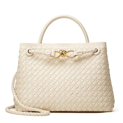 Sumrains Woven Bag for Women Crossbody Handbag: Vegan Leather Small Tote Purse - Trendy Shoulder Handbags and Purses - Bowknot Satchel Purses (Seashell)