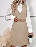 HOTOUCH Loose Swing Sweater Dress V-Neck Knit Solid Preppy Style Knited Vest with Pockets (Khaki XXL)