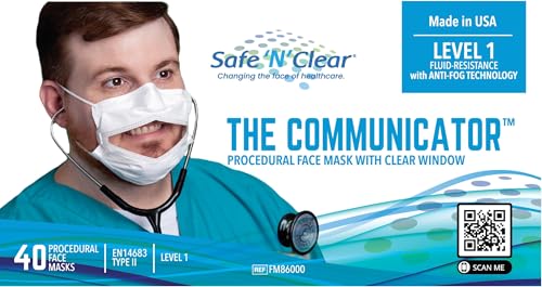 Safe N Clear Communicator Clear Surgical Mask (40 pack - ASTM Level 1) | Medical Grade Disposable Face Masks | Made in USA | FDA-Registered, Transparent Protective Mask for Healthcare Workers