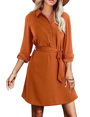 Amoretu Womens Long Sleeve Soft Shirt Dress Collar Casual Fall Dress, Orange L