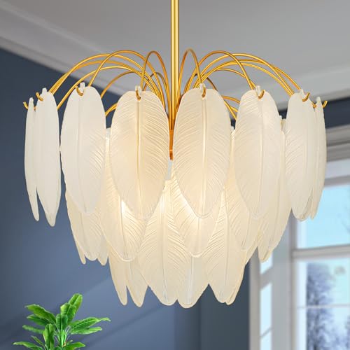LumFurn 6-Lights Gold Chandeliers, Modern 3-Tier Pendant Light Fixture for Dining Room, Living Room, Adjustable Height 19~51", Frosted Feather-Shaped Glass Shade & Brass Finish Frame
