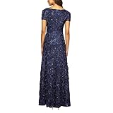 Alex Evenings Women's Long Rosette Mother of The Bride Dress with Short Sleeves, Wedding Guest Regular Sizes, Navy, 14 Petite