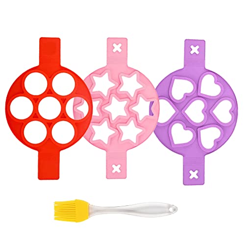 CANDeal 3 Pieces Silicone Pancake Molds, 7 Cavity Silicone Fried Egg Mold, Reusable Omelette Mold, Bonus Silicone Oil Brush